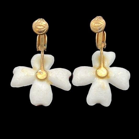 Vintage Jewelry Set Clip-on Earrings Straight Lapel Pin Porcelain Flowers - Picture 4 of 11